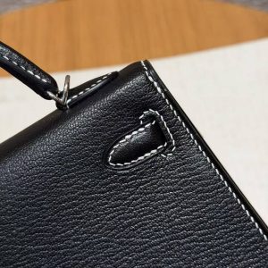 Hermes Kelly Mini 2 19CM Bag Handmade In Chèvre Calfskin Leather Silver Hardware 89 Noir 9R Lime - Image 7