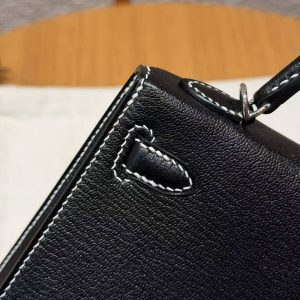 Hermes Kelly Mini 2 19CM Bag Handmade In Chèvre Calfskin Leather Silver Hardware 89 Noir 9R Lime - Image 6