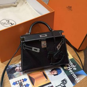 Hermes Kelly Mini 2 19CM Bag Handmade In Chèvre Calfskin Leather Silver Hardware 89 Noir 9R Lime - Image 3
