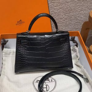 Hermes Kelly Mini 2 19CM Bag Handmade In Alligator Leather from Mississippi Silver Hardware 89 Noir - Image 2