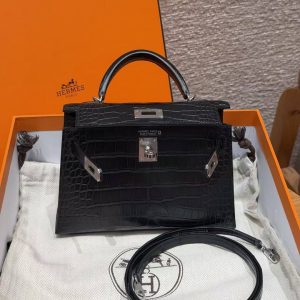 Hermes Kelly Mini 2 19CM Bag Handmade In Alligator Leather from Mississippi Silver Hardware 89 Noir - Image 11
