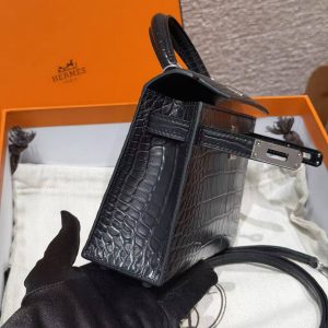 Hermes Kelly Mini 2 19CM Bag Handmade In Alligator Leather from Mississippi Silver Hardware 89 Noir - Image 10