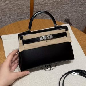 Hermes Kelly Mini 2 19CM Bag Handmade In Box Calfskin Leather Silver Hardware 89 Noir