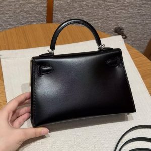 Hermes Kelly Mini 2 19CM Bag Handmade In Box Calfskin Leather Silver Hardware 89 Noir - Image 2