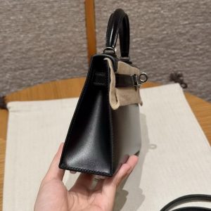 Hermes Kelly Mini 2 19CM Bag Handmade In Box Calfskin Leather Silver Hardware 89 Noir - Image 21