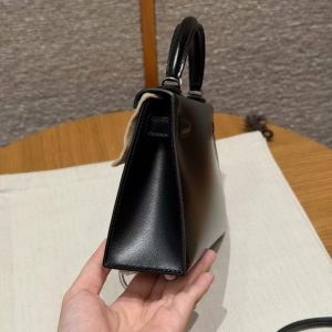 Hermes Kelly Mini 2 19CM Bag Handmade In Box Calfskin Leather Silver Hardware 89 Noir - Image 20