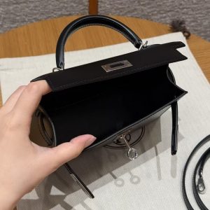 Hermes Kelly Mini 2 19CM Bag Handmade In Box Calfskin Leather Silver Hardware 89 Noir - Image 18