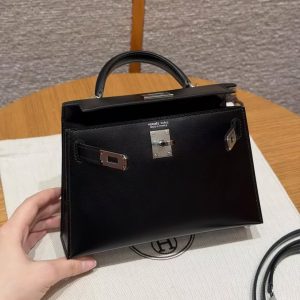 Hermes Kelly Mini 2 19CM Bag Handmade In Box Calfskin Leather Silver Hardware 89 Noir - Image 14