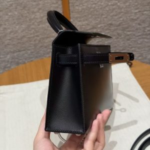 Hermes Kelly Mini 2 19CM Bag Handmade In Box Calfskin Leather Silver Hardware 89 Noir - Image 13