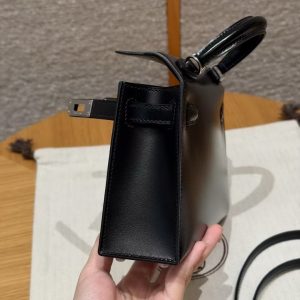 Hermes Kelly Mini 2 19CM Bag Handmade In Box Calfskin Leather Silver Hardware 89 Noir - Image 12