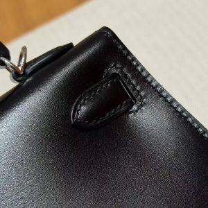 Hermes Kelly Mini 2 19CM Bag Handmade In Box Calfskin Leather Silver Hardware 89 Noir - Image 9