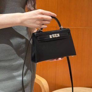 Hermes Kelly Mini 2 19CM Bag Handmade In Box Calfskin Leather Silver Hardware 89 Noir - Image 4