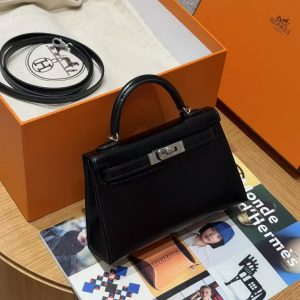 Hermes Kelly Mini 2 19CM Bag Handmade In Box Calfskin Leather Silver Hardware 89 Noir - Image 3