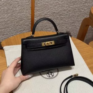 Hermes Kelly Mini 2 19CM Bag Handmade In Chèvre Calfskin Leather Gold Hardware 89 Noir