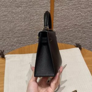 Hermes Kelly Mini 2 19CM Bag Handmade In Chèvre Calfskin Leather Gold Hardware 89 Noir - Image 18