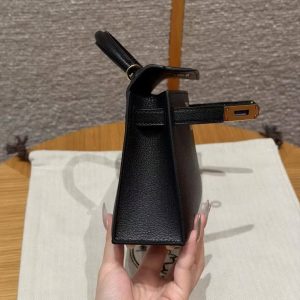 Hermes Kelly Mini 2 19CM Bag Handmade In Chèvre Calfskin Leather Gold Hardware 89 Noir - Image 11
