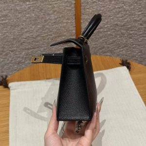 Hermes Kelly Mini 2 19CM Bag Handmade In Chèvre Calfskin Leather Gold Hardware 89 Noir - Image 10