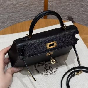 Hermes Kelly Mini 2 19CM Bag Handmade In Chèvre Calfskin Leather Gold Hardware 89 Noir - Image 9
