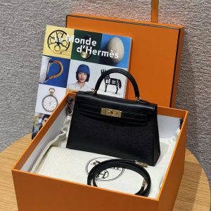 Hermes Kelly Mini 2 19CM Bag Handmade In Chèvre Calfskin Leather Gold Hardware 89 Noir - Image 3