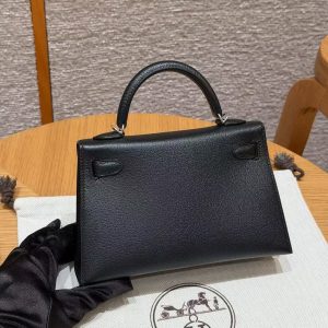Hermes Kelly Mini 2 19CM Bag Handmade In Chèvre Calfskin Leather Silver Hardware 89 Noir - Image 2