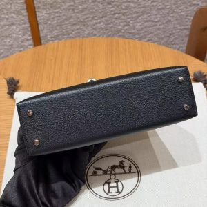 Hermes Kelly Mini 2 19CM Bag Handmade In Chèvre Calfskin Leather Silver Hardware 89 Noir - Image 21