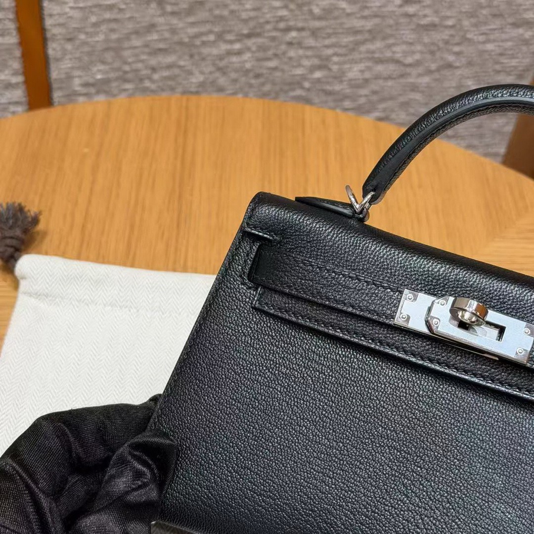 Hermes Kelly Mini 2 19CM Bag Handmade In Chèvre Calfskin Leather Silver Hardware 89 Noir - Image 20