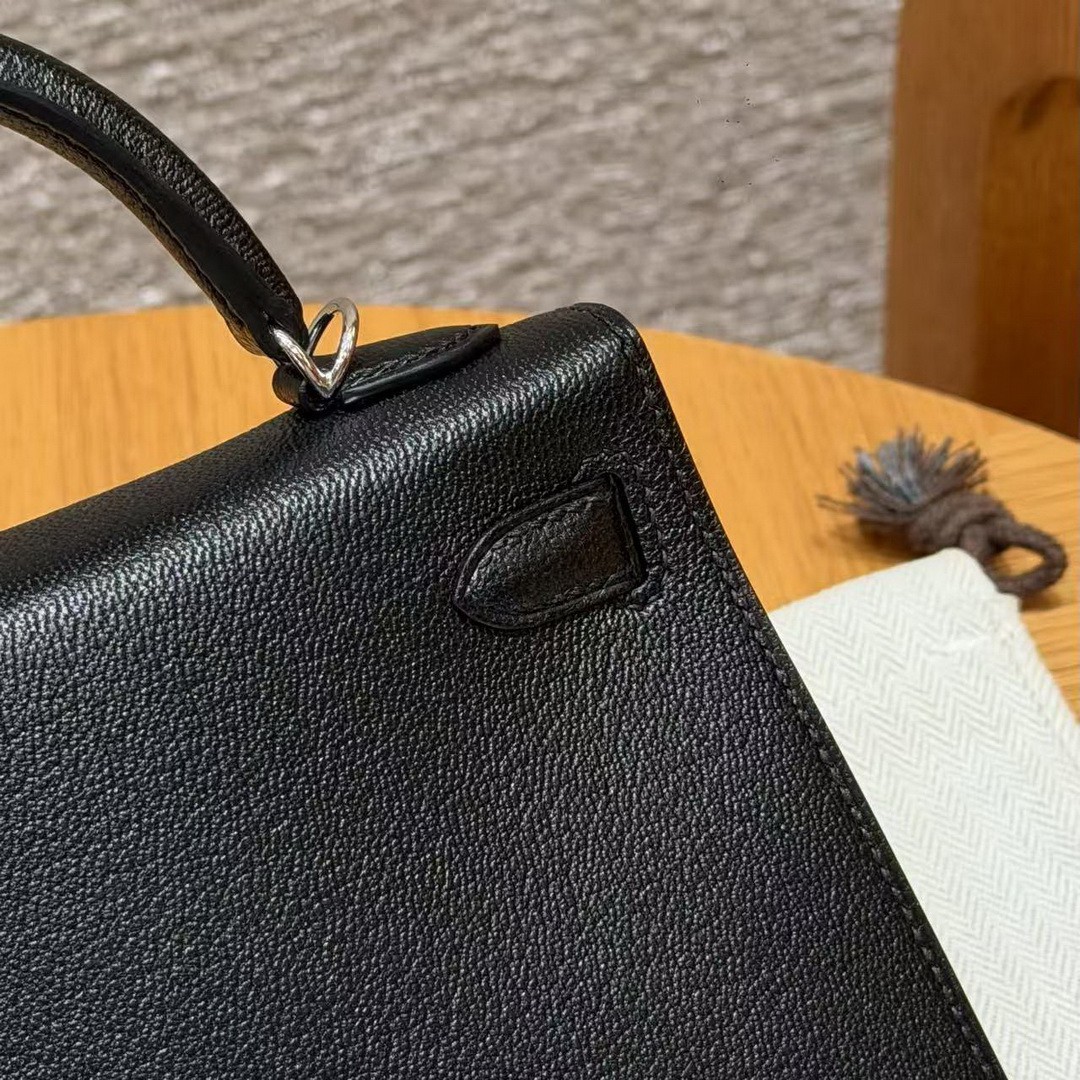 Hermes Kelly Mini 2 19CM Bag Handmade In Chèvre Calfskin Leather Silver Hardware 89 Noir - Image 19