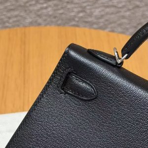 Hermes Kelly Mini 2 19CM Bag Handmade In Chèvre Calfskin Leather Silver Hardware 89 Noir - Image 18