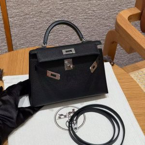 Hermes Kelly Mini 2 19CM Bag Handmade In Chèvre Calfskin Leather Silver Hardware 89 Noir - Image 15