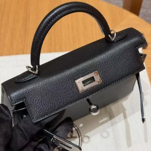 Hermes Kelly Mini 2 19CM Bag Handmade In Chèvre Calfskin Leather Silver Hardware 89 Noir - Image 14