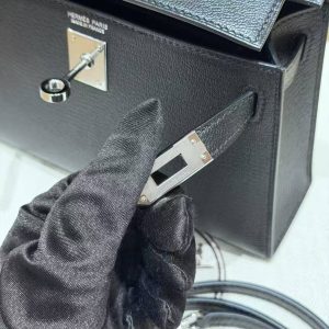 Hermes Kelly Mini 2 19CM Bag Handmade In Chèvre Calfskin Leather Silver Hardware 89 Noir - Image 10
