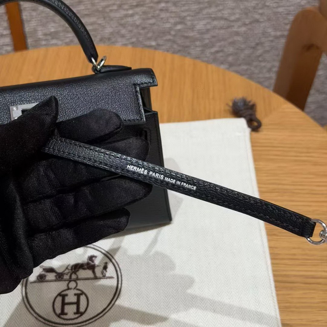 Hermes Kelly Mini 2 19CM Bag Handmade In Chèvre Calfskin Leather Silver Hardware 89 Noir - Image 7