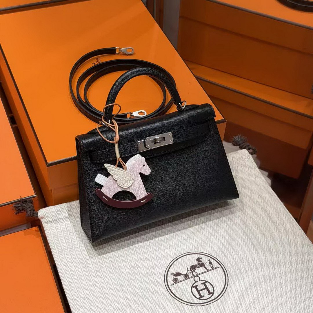 Hermes Kelly Mini 2 19CM Bag Handmade In Chèvre Calfskin Leather Silver Hardware 89 Noir - Image 4