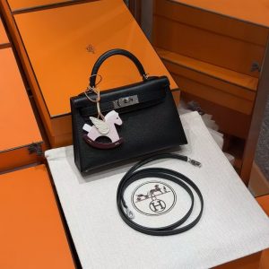 Hermes Kelly Mini 2 19CM Bag Handmade In Chèvre Calfskin Leather Silver Hardware 89 Noir - Image 3