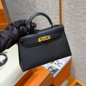 Hermes Kelly Mini 2 19CM Bag Handmade In Epsom Calfskin Leather Gold Hardware 89 Noir - Image 17