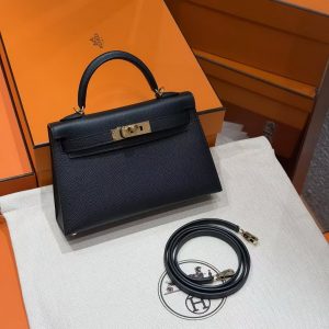 Hermes Kelly Mini 2 19CM Bag Handmade In Epsom Calfskin Leather Gold Hardware 89 Noir - Image 16