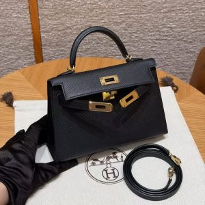 Hermes Kelly Mini 2 19CM Bag Handmade In Epsom Calfskin Leather Gold Hardware 89 Noir - Image 15