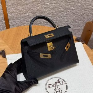 Hermes Kelly Mini 2 19CM Bag Handmade In Epsom Calfskin Leather Gold Hardware 89 Noir - Image 14