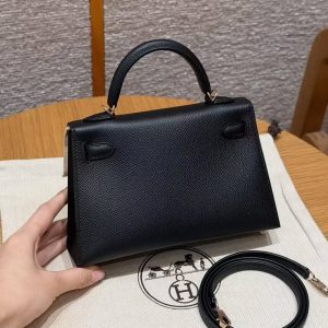 Hermes Kelly Mini 2 19CM Bag Handmade In Epsom Calfskin Leather Rose Gold Hardware 89 Noir - Image 2