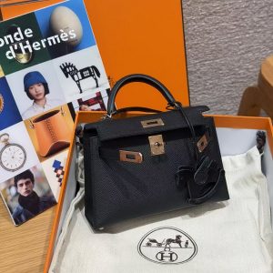 Hermes Kelly Mini 2 19CM Bag Handmade In Epsom Calfskin Leather Rose Gold Hardware 89 Noir - Image 11