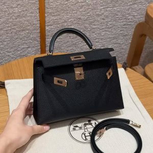 Hermes Kelly Mini 2 19CM Bag Handmade In Epsom Calfskin Leather Rose Gold Hardware 89 Noir - Image 10