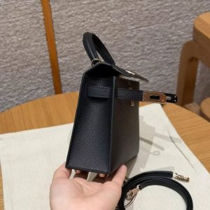 Hermes Kelly Mini 2 19CM Bag Handmade In Epsom Calfskin Leather Rose Gold Hardware 89 Noir - Image 9