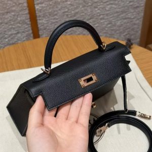 Hermes Kelly Mini 2 19CM Bag Handmade In Epsom Calfskin Leather Rose Gold Hardware 89 Noir - Image 8