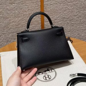 Hermes Kelly Mini 2 19CM Bag Handmade In Epsom Calfskin Leather Silver Hardware 89 Noir - Image 2