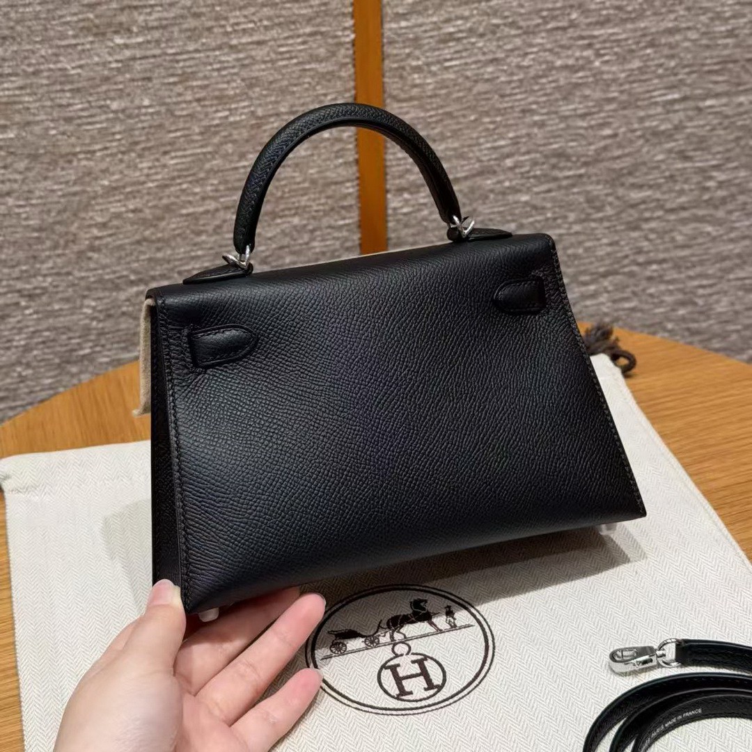 Hermes Kelly Mini 2 19CM Bag Handmade In Epsom Calfskin Leather Silver Hardware 89 Noir - Image 2