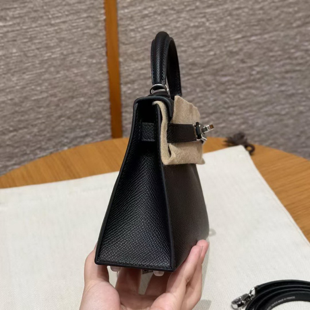Hermes Kelly Mini 2 19CM Bag Handmade In Epsom Calfskin Leather Silver Hardware 89 Noir - Image 18