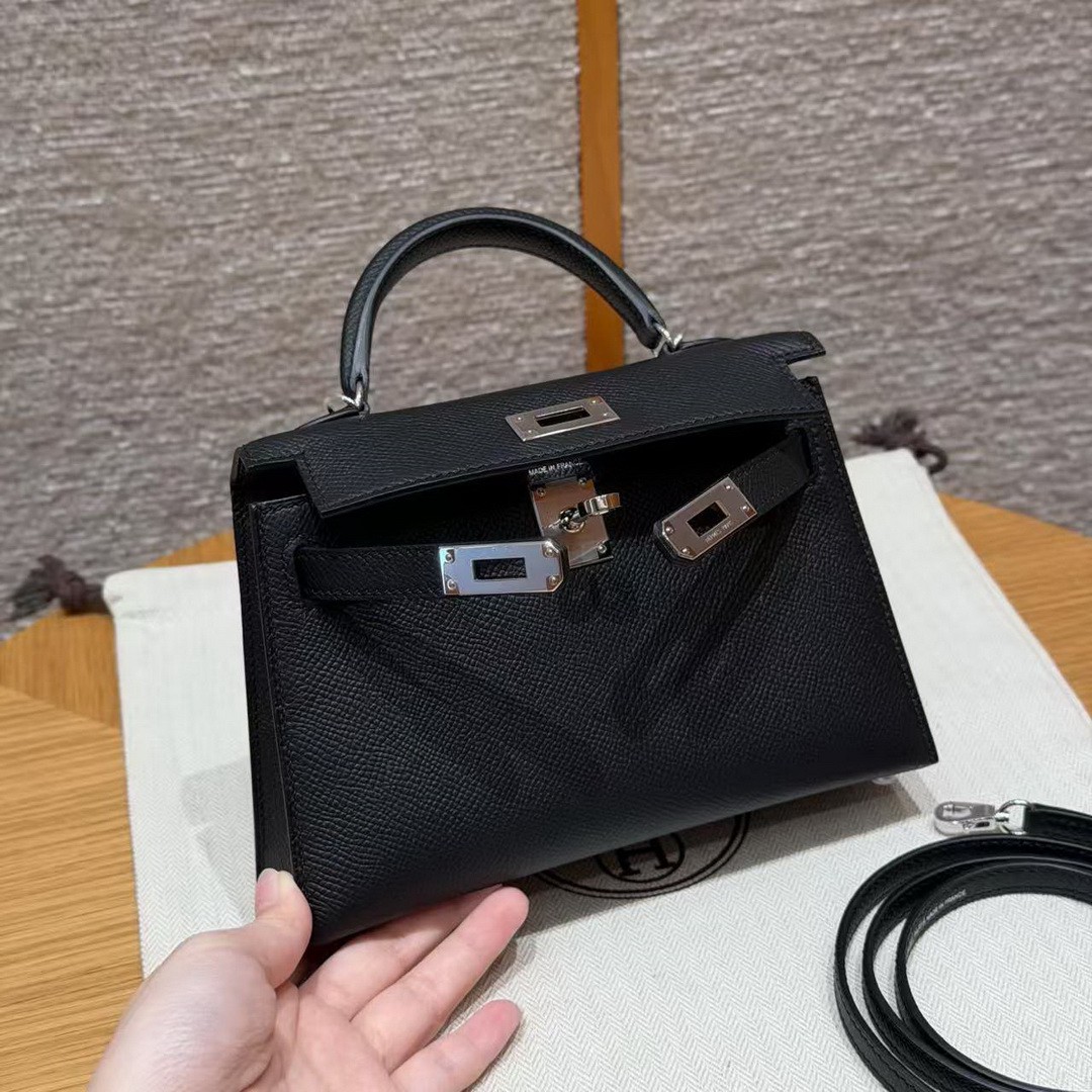 Hermes Kelly Mini 2 19CM Bag Handmade In Epsom Calfskin Leather Silver Hardware 89 Noir - Image 11