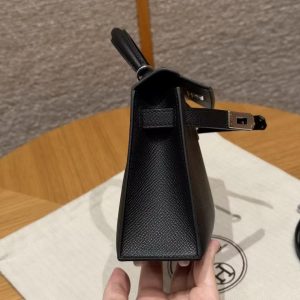 Hermes Kelly Mini 2 19CM Bag Handmade In Epsom Calfskin Leather Silver Hardware 89 Noir - Image 10