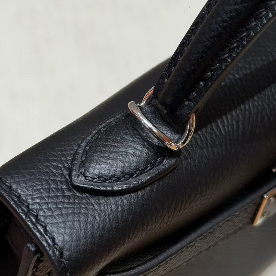 Hermes Kelly Mini 2 19CM Bag Handmade In Epsom Calfskin Leather Silver Hardware 89 Noir - Image 9
