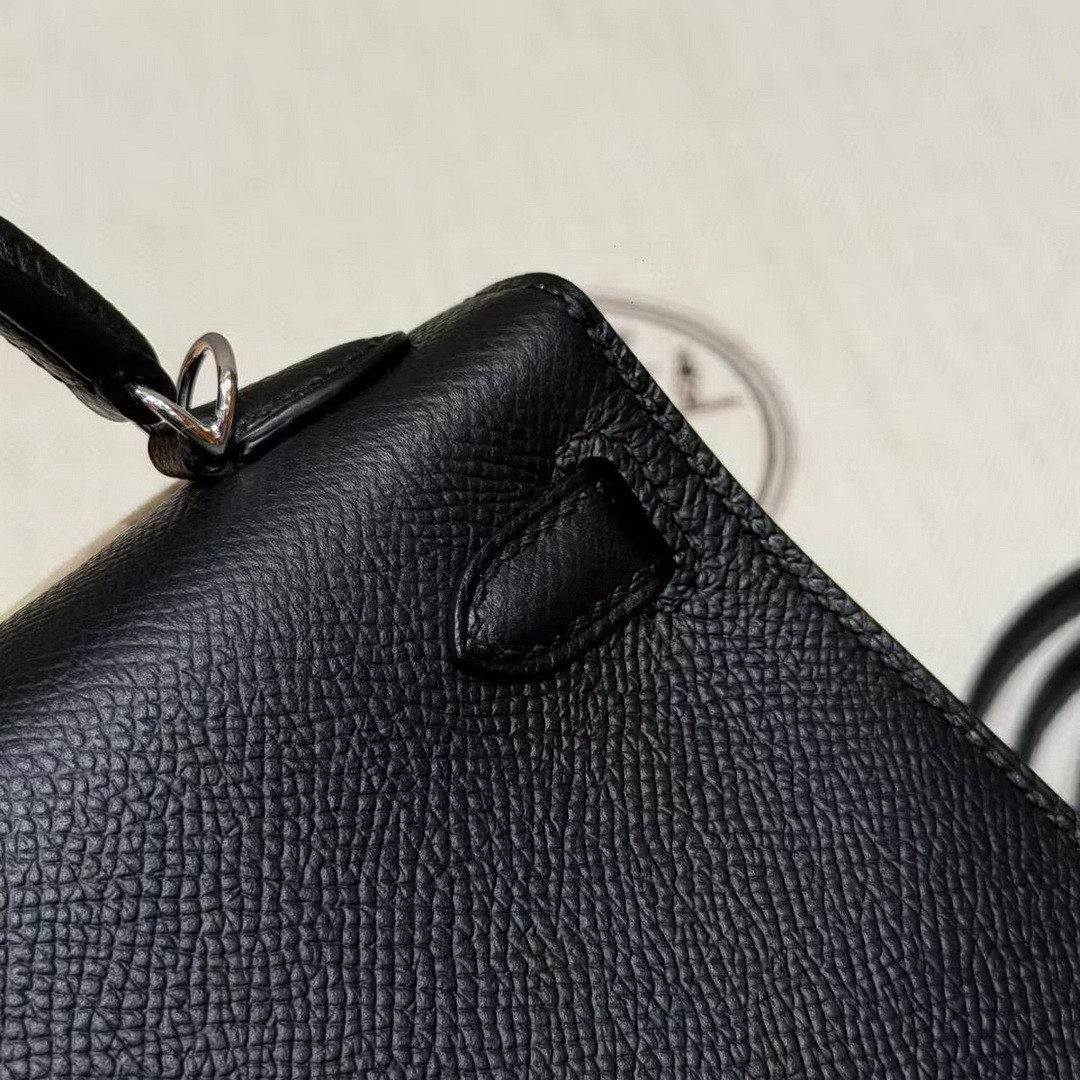 Hermes Kelly Mini 2 19CM Bag Handmade In Epsom Calfskin Leather Silver Hardware 89 Noir - Image 6